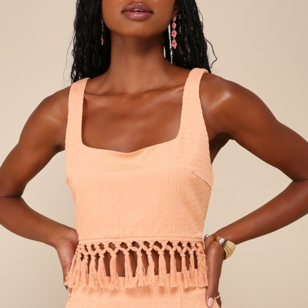 Lulus Fortunate Flirt Peach Crinkled Fringe Cropped Tank Top Orange - Size M